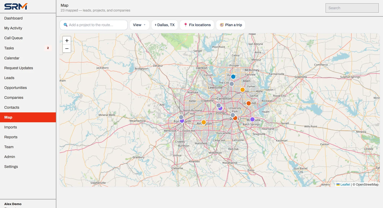 Map of the Dallas–Fort Worth area with colored pins for projects, leads and companies, plus Add to route, View, Fix locations and Plan a trip controls