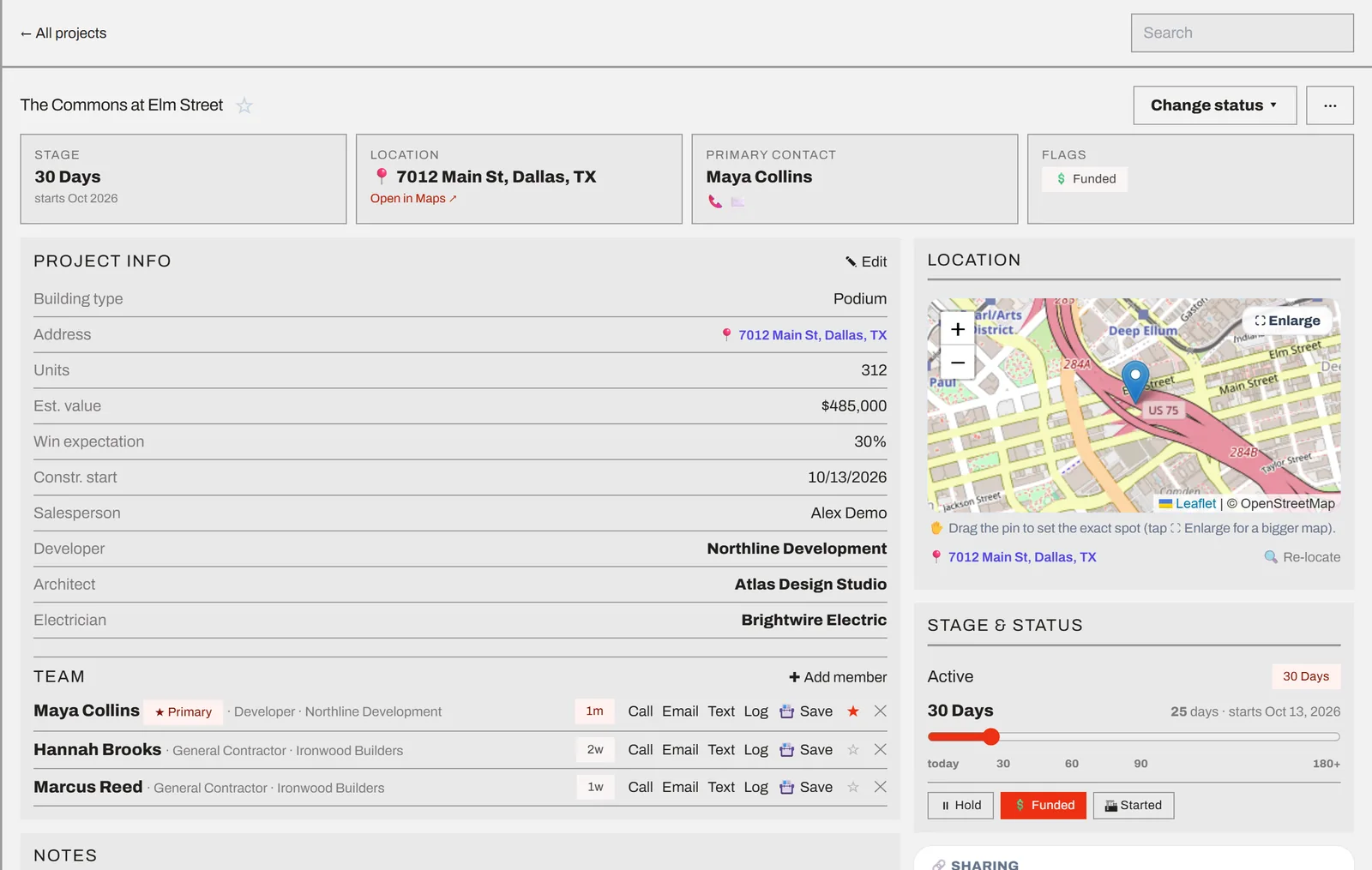 Project detail page for a 312-unit podium project showing stage, address, primary contact, funded flag, project info, team members with call and email actions, a location map and a stage timeline